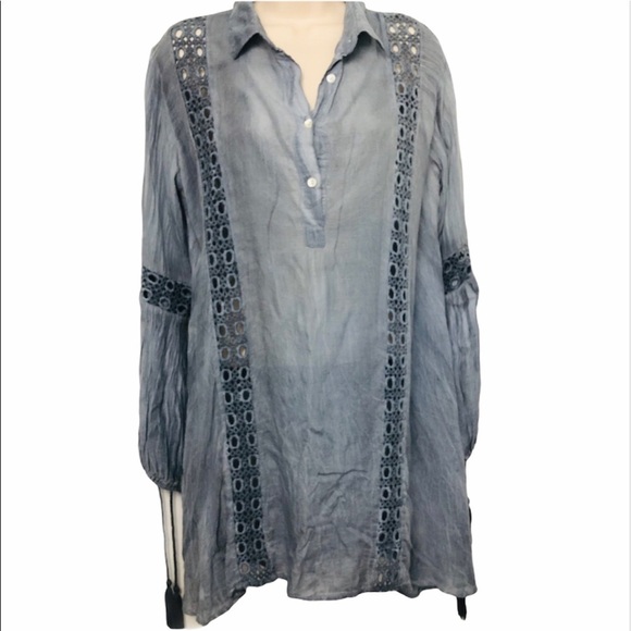 En Creme Blue Tunic Top Crochet Trim Long Sleeve Small Boho‎ Blouse - Picture 1 of 9